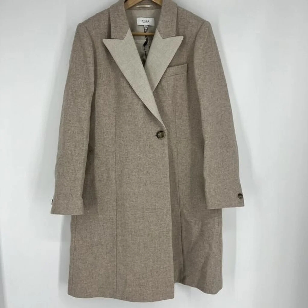 Reiss Mandie Coat Size 10 Womens Beige Contrast Collar Italian Wool Overcoat